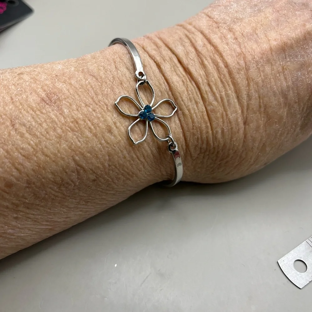 Silver Flower Bracelet with Blue Accents